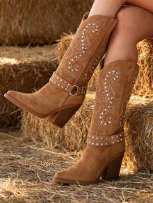 Women's Western Knee High Boots With Rhinestone Embroidery, Chunky Block Heel Cowboy Boots, Pointed Toe Faux Suede Fashion Outdoor Boots For Fall Winter Outfits - 駝色 - 查看 1