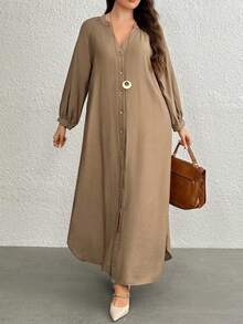 Plus Size Women V-Neck Button Front Belted Woven Midi Dress, Long Sleeve - Camel - View 6
