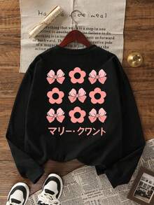 Black Graphic Print Round Neck Long Sleeve T-Shirt For Women, Casual Loose Versatile Top, Spring/Autumn - Black - View 5