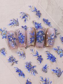 2片青铜色和紫色花朵美甲贴纸，渐变紫蓝色花瓣和金色边缘自粘美甲贴花，优雅花卉美甲沙龙DIY装饰，适合女孩指甲 - 彩色 - 查看 4