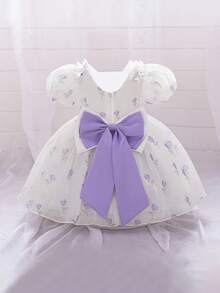 Baby Girls Puff Sleeve Colorblock Bow Print Satin Cute Birthday Dress Suitable For Vacation, No Headband No Bag - Mauve Purple - View 5