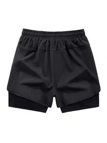 Solid Color Sports Shorts For Spring/Summer, Non-SlipDouble Layer Unisex Running/Outdoor Fitness Shorts,Lightweight Loose Casual Pants Black - Black - View 8