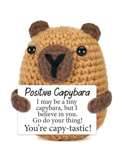 1个手工钩织水豚毛绒玩具 | 附赠奖励卡“你是一只可爱的水豚” | 可爱的棕色水豚装饰品，适合生日/办公桌/家庭书架 | 送给女性/儿童/朋友的完美奖励礼物。