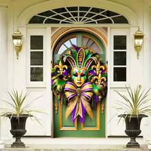 Encantadora cubierta de puerta de Mardi Gras - Diseño de máscara festiva, letrero de decoración de pared de poliéster para uso diario y de fiesta, 70.87x35.43 pulgadas