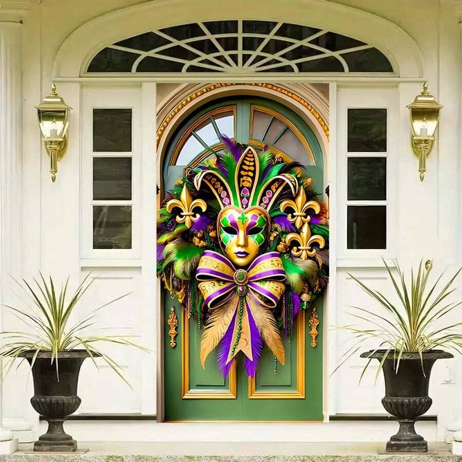 Encantadora cubierta de puerta de Mardi Gras - Diseño de máscara festiva, letrero de decoración de pared de poliéster para uso diario y de fiesta, 70.87x35.43 pulgadas