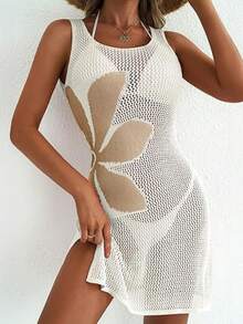 2026 Women's Hollow Out Summer Swimsuit Cover Up Crochet Beach Floral Slit Bikini Sleeveless Dresses - 白色 - 查看 5