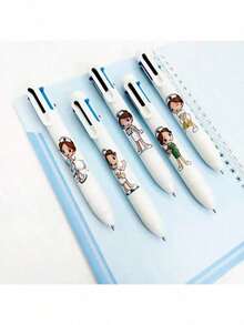 5支装万圣节白色医用彩色笔，医用印花笔，护士节系列按压式礼品笔，万圣节，圣诞节礼物