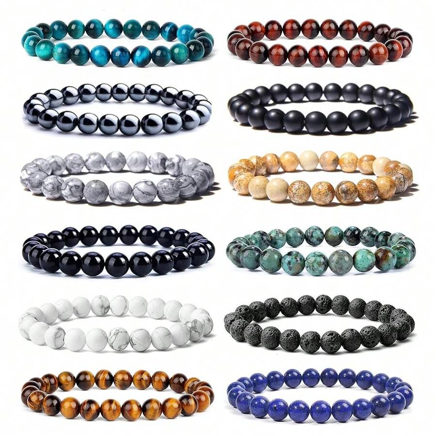 12Pcs Tiger Eye Bracelet For Men 8MM Natural Stone Beads Bracelet Set Stretch Lava Rock Bracelets Adjustable Black Crystal Beaded Bracelet For Men Women Gifts,12PCS - 12件 - 查看 1