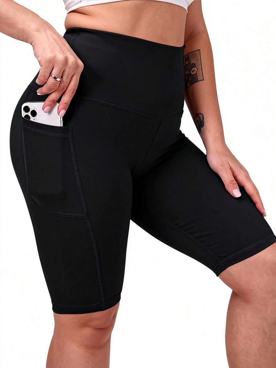 Plus Size Women High Waist Yoga Shorts With Pockets, Butt Lifting Sports Shorts For Gym Workout Running Black Summer