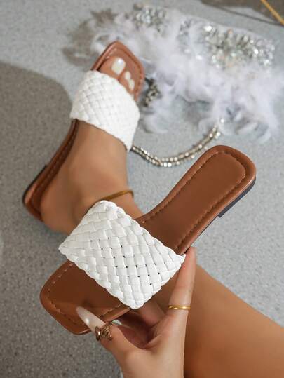 Wide Fit Women's Flat Sandals, Strap Woven Thong Slippers For Daily, Beach, Vacation, Dress, White Comfortable Lightweight Plus Size Flip Flops, Bohemian Style Gladiator Sandals For Summer, Wedding, Holiday