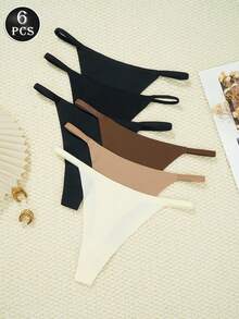 6pcs/Pack Low Waist Sexy Thong Panties, Breathable T-Back Seamless G-String, Women's Daily Wear, Women's Lingerie & Sleepwear - Multicolor - View 2