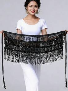 1 pièce Jupe de danse à franges pailletées pour femmes, Écharpe de hanche à franges pour danse du ventre, Jupe à franges pailletées brillantes pour femmes, Costume de scène - Multicolore - Voir 4