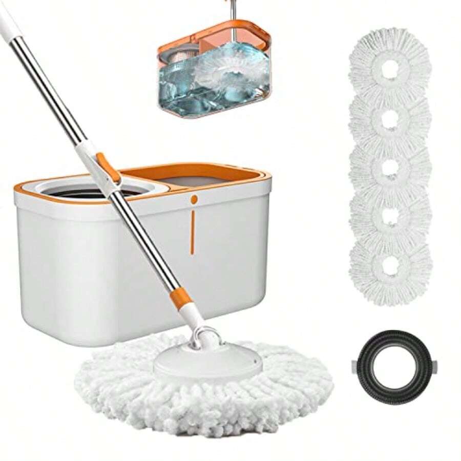 Floor Spin Mop And Bucket Set With Wringer System Extended Stainless Steel Handle 61"For Home Floor Cleaning Use With 5 Replacement Head Refill And 1 Cleaning Brush Head - WhiteOrange - 查看 1