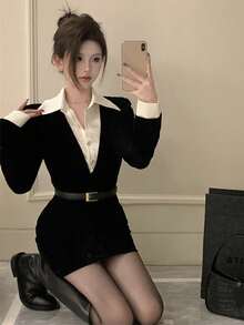 Vestidos elegantes para dama Falso dos piezas de imitación formal negro cintura delgada otoño y el invierno puro deseo viento falda corta picante paquete chica vestidos de cadera - Negro - Ver 2