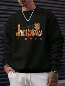 2026 Long Sleeve Tops WomenMen's Black Thanksgiving Turkey & Autumn Leaves Print Sweatshirt - Happy Thanksgiving Lettering With Turkey & Fall Motifs, Slim-Fit Crewneck Pullover, Casual Streetwear Sweater For Autumn Winter Warmth, Machine Washable Holiday Apparel With Artistic Lettering & Festive Turkey Design, Relaxed Fit For Casual Attire, Perfect For Thanksgiving Celebrations, Mens Sweaters, Men Sweater, Sweater Men, Mens Sweater, Mens Clothes, Men Jumper, Christmas Jumper Mensummer Fits Summer Tops Country Concert Fit Vacation Fits Tops-(Yoo)Loose And Comfortablesudaderas Para Mujer Parke Sweatshirt - 黑色 - 查看 1