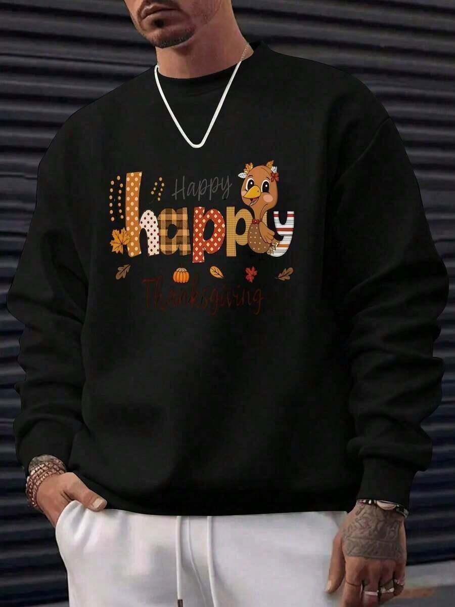 2026 Long Sleeve Tops WomenMen's Black Thanksgiving Turkey & Autumn Leaves Print Sweatshirt - Happy Thanksgiving Lettering With Turkey & Fall Motifs, Slim-Fit Crewneck Pullover, Casual Streetwear Sweater For Autumn Winter Warmth, Machine Washable Holiday Apparel With Artistic Lettering & Festive Turkey Design, Relaxed Fit For Casual Attire, Perfect For Thanksgiving Celebrations, Mens Sweaters, Men Sweater, Sweater Men, Mens Sweater, Mens Clothes, Men Jumper, Christmas Jumper Mensummer Fits Summer Tops Country Concert Fit Vacation Fits Tops-(Yoo)Loose And Comfortablesudaderas Para Mujer Parke Sweatshirt - 黑色 - 查看 1