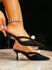 Scarpe mule a punta nere da donna, con decorazione in perle, tacco a spillo alto, slip-on, design minimalista alla moda, adatte per matrimoni, feste di Natale, balli, abiti da cerimonia e uso quotidiano - nero - Visualizzare 6