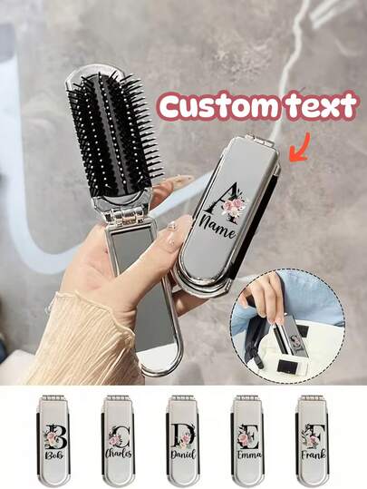 1pc Customized Metal Folding Comb & Makeup Mirror - Portable Scalp Massager Comb, Floral & Alphabet A-Z Design, Compact & Convenient For Travel, Durable Plastic Material, Suitable For Outings, Office, Back To School, Minimalist Design, Easy To Clean