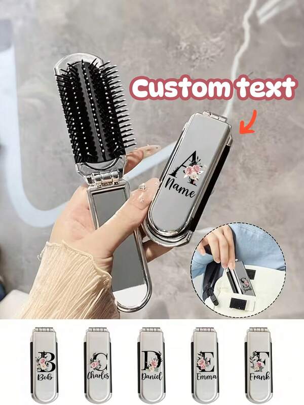 Pente dobrável de metal personalizado com espelho de maquiagem - Pente massageador de couro cabeludo portátil, design floral e alfabeto de A a Z, compacto e conveniente para viagens, material plástico durável, adequado para passeios, escritório, volta às aulas, design minimalista, fácil de limpar.