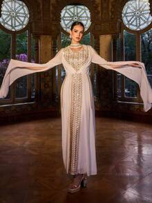 Faeriesty Áo Abaya Ả Rập thanh lịch cổ chữ V sâu, đính cườm và tay áo xẻ tà, thích hợp cho các buổi dạ hội, đám cưới, lễ hội, tiệc chiêu đãi và các dịp đặc biệt. Màu trắng. - trắng - Xem 10