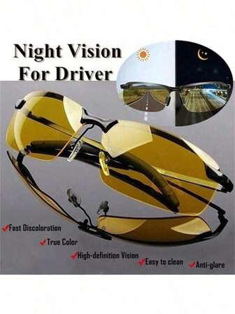 1 Pair Night Vision Glasses, Women/Men Outdoor Sports, Semi-Rimless, Driving, Fishing, Cycling, Protective Goggles, Night Driving, Fashion Eyewear