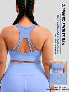 1pc Women Plus Size Front Zip Sports Bra, Lift And Adjust Sagging Bust, Casual Wear Camisole - Blue - View 1