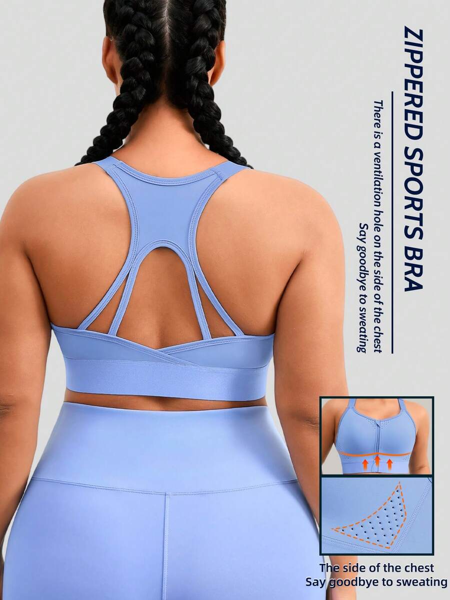 1pc Women Plus Size Front Zip Sports Bra, Lift And Adjust Sagging Bust, Casual Wear Camisole - Blue - View 1