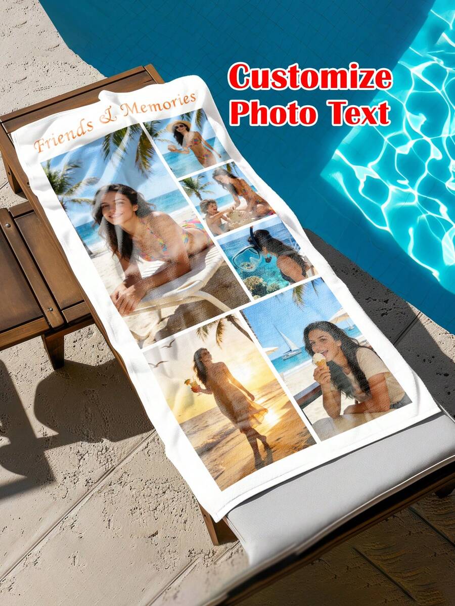 1 Customizable Photo Name Beach Towel - Soft Polyester Blend, Customizable For 6 Photos, Rectangular Swimming Pool And Beach Towel With Bright Swimsuit Print - Ideal Personalized Vacation Gift, Personalized Towel | Modern Style Towel | Quick Drying Fabric, Personalized Beach, Bath Towel