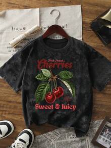 夏季新款简约时尚樱桃甜美水果风格字母印花休闲圆领扎染短袖T恤，时尚百搭女式上衣 - 黑色 - 查看 2