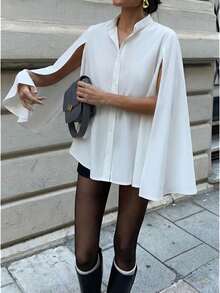 白色披肩袖纽扣衬衫 | 宽松版型上衣，适合办公室和早午餐场合 - 白色 - 查看 6