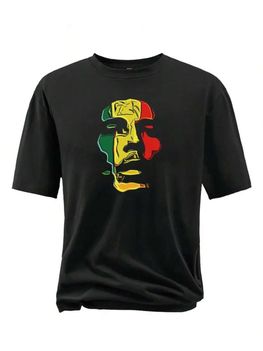 Men's Cotton T-Shirt With Round Neck And Colorful Pattern - White - View 1