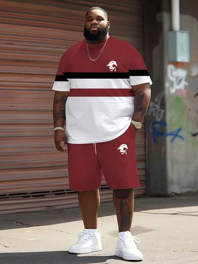 2pcs Plus Size Men Street Hip Hop Set, Burgundy Contrast Stripe Short Sleeve T-Shirt + Loose Casual Shorts With Horse Print Summer Sports
