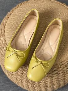 Women Minimalist Yellow-Green Square Toe Flats, Bow Soft Sole Flats For Work & Casual - 芥末黃 - 查看 1