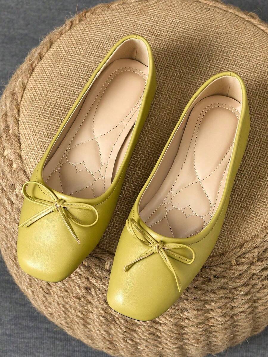 Women Minimalist Yellow-Green Square Toe Flats, Bow Soft Sole Flats For Work & Casual - 芥末黃 - 查看 1