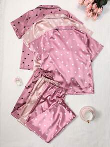Women's Heart Print Silk Short Sleeve Pajama Set, Sleepwear & Loungewear - Multicolor - View 2