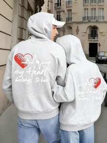1PC Conjunto de pareja para el Día de San Valentín, chaqueta con capucha y sudadera a juego - línea de latidos de corazón impresa en la parte trasera con las palabras "Mi corazón le pertenece a ella/él", sudadera con cremallera para todas las estaciones, ropa de anuncio de embarazo lavable a máquina - Extrañar - Ver 6