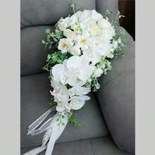 zxr Ramo de Novia Con Forma de Gota de Agua - Flores Artificiales Rosa Orquídea y Mariposa - Para Boda y Dama de Honor125 - Phalaenopsis blanca - Ver 6