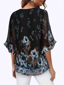 CheersLife Women's 3/4 Sleeve Ruffle Trim Blouse, Double Layer Chiffon Shirt, Elegant Mesh Blouse - Black - View 2