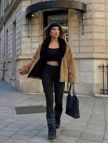 معطف فرو الدب البني الفاخر للنساء، معطف أنيق ذو ياقة من الفرو الاصطناعي الأسود، إطلالة أنيقة لحفلات الكرنفال والخروج الليلي، ملابس خارجية فرو أنيقة - بني - مشاهدة 7