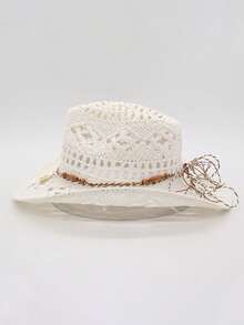 1 chiếc mũ Panama bằng rơm rỗng, màu trơn kiểu Bohemian, có đính hạt, kiểu dáng thường ngày, bảo vệ và trang trí khỏi ánh nắng mặt trời, thời trang đa năng, phù hợp cho các hoạt động ngoài trời, mọi mùa. - MZ3056+ML56 - Xem 4
