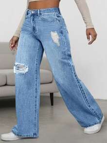 Calça Jeans de Tecido Trançado Tamanho Plus Size para Mulheres no Outono e Inverno, Não Elástico, Com Bolsos, Denim Confortável - Azul claro - Visão 1