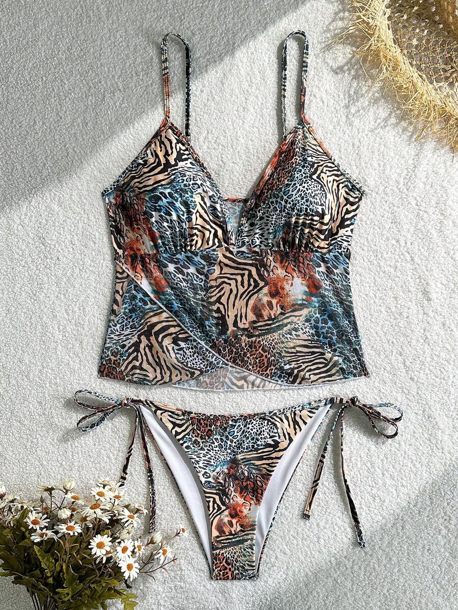 波西米亚风斑马纹豹纹加大码吊带比基尼泳衣，侧边系带丁字裤，高弹力半透明 - 霧霾藍 - 查看 1