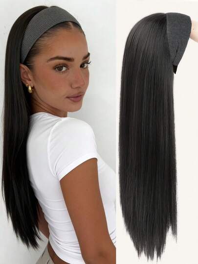 26 Inch Women's Elegant Long Straight Wig With Headband (Gray Wide Headband + Half Wig), Lightweight And Comfortable, Suitable For Daily Wear, Parties, Cosplay, Back To School, And Halloween, Instantly Adds Volume And Length, Cosplay Accessory, Breathable Material, A Choice For Fashion Enthusiasts (Hair Colors: Natural Black, Light Brown)