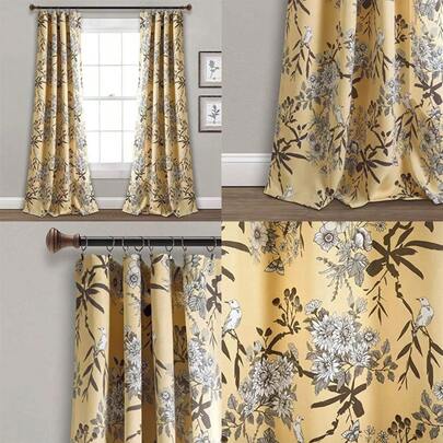 Decor - Cortinas de jardín botánico Azul Marino con Estampado Floral de pájaros, para oscurecer la habitación, para Vivir, Comedor, Dormitorio (par) 241 x 132 cm(Amarillo 132.1An x 213.4Al cm (2 Paneles))