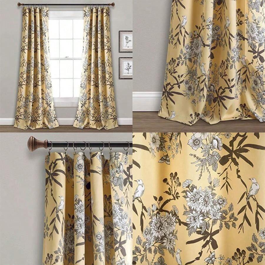 Decor - Cortinas de jardín botánico Azul Marino con Estampado Floral de pájaros, para oscurecer la habitación, para Vivir, Comedor, Dormitorio (par) 241 x 132 cm(Amarillo 132.1An x 213.4Al cm (2 Paneles)) - Multicolor - Ver 1