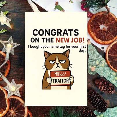 1 pieza Encantadora tarjeta de felicitación "Gato Nuevo Trabajo Atrevido" - Diseño "Felicitaciones Divertido", Diseño suave + Arte decorativo humorístico, Perfecto para celebrar el nuevo rol con un toque pícaro, Ideal para momentos cálidos y chequeos casuales, Tarjeta de Felicitaciones | Tarjeta Decorativa Festiva | Tarjeta de Felicitación de Papel, Accesorios de Celebración