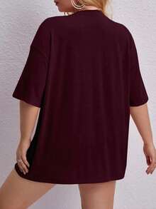 Oversized Printed Aloha Flower T-Shirt, Summer/Spring Short Sleeve Blouse, Lightweight Gym Wear - Burdeos - Ver 2