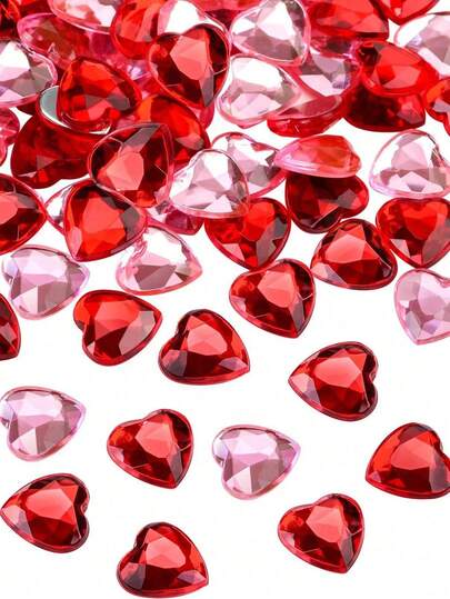 100pcs Valentines Day Hearts Crystals Red/Pink Glitter Flat Back Heart Rhinestone Sparkling Stones Acrylic Faux Decoration For Valentine's Day Wedding Decoration, DIY Crafts