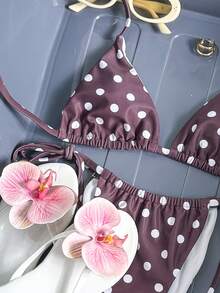 女士波点印花两件式泳衣，系带露背细肩带三角上衣，侧系带泳裤，可爱风格，适合度假海滩穿着 - 酒紅色 - 查看 3