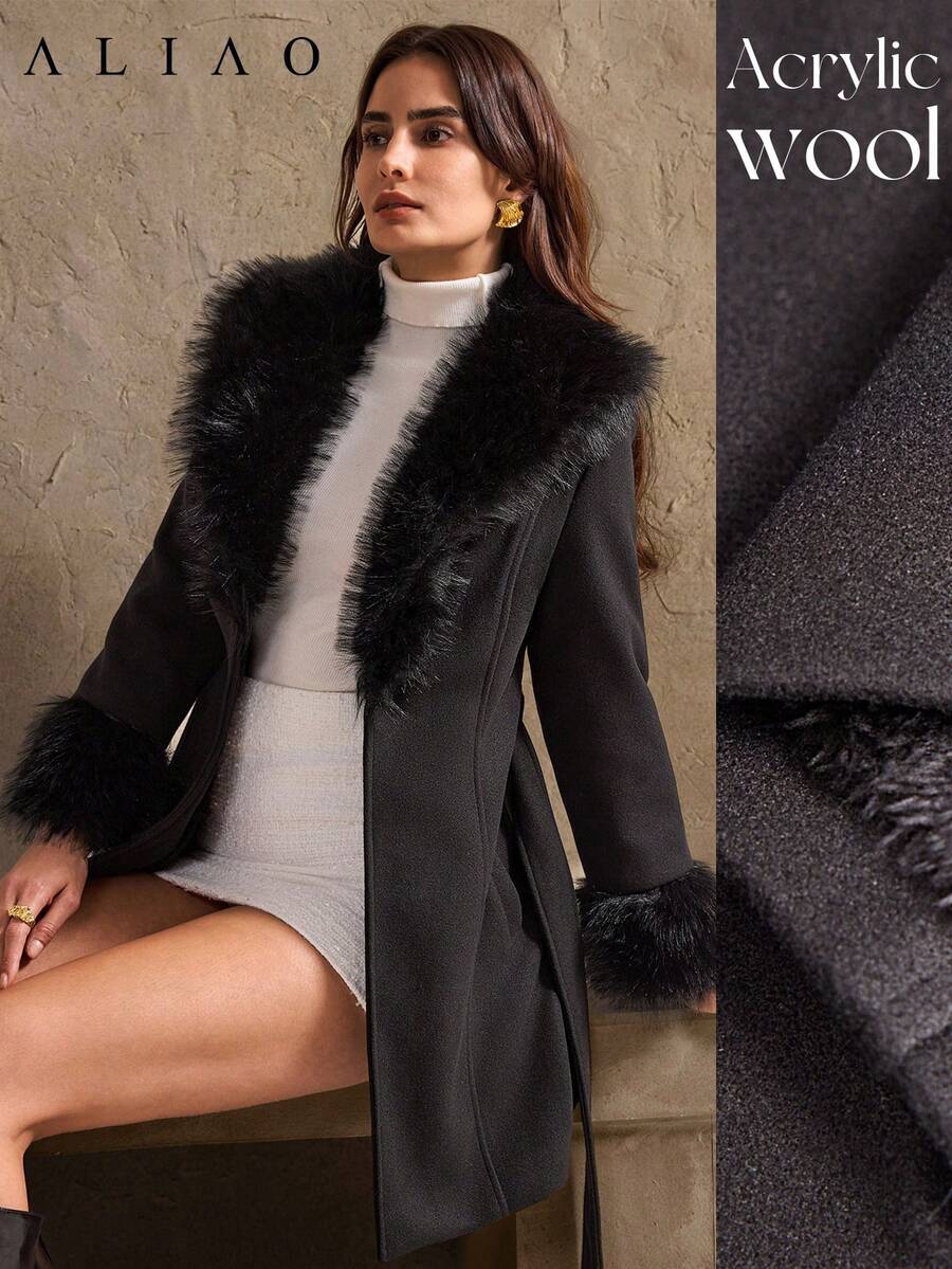 Veste d'hiver Aliao en fausse fourrure avec col en patchwork de fourrure, style rétro de palais élégant avec ceinture à la taille pour femmes. Convient pour les galas du soir, les mariages et le port quotidien en hiver - Noir - Voir 1